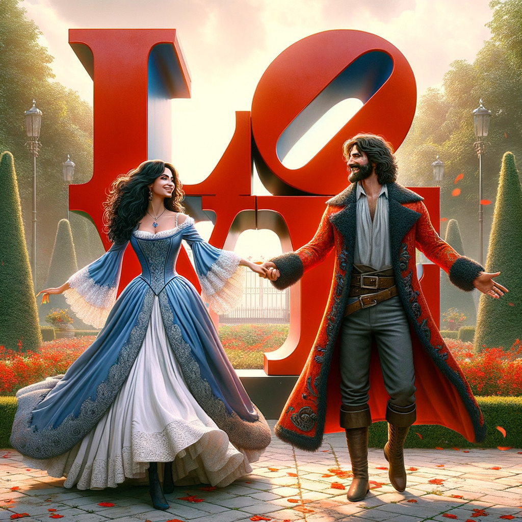 Couple in Historical Attire in a Romantic Garden Scene