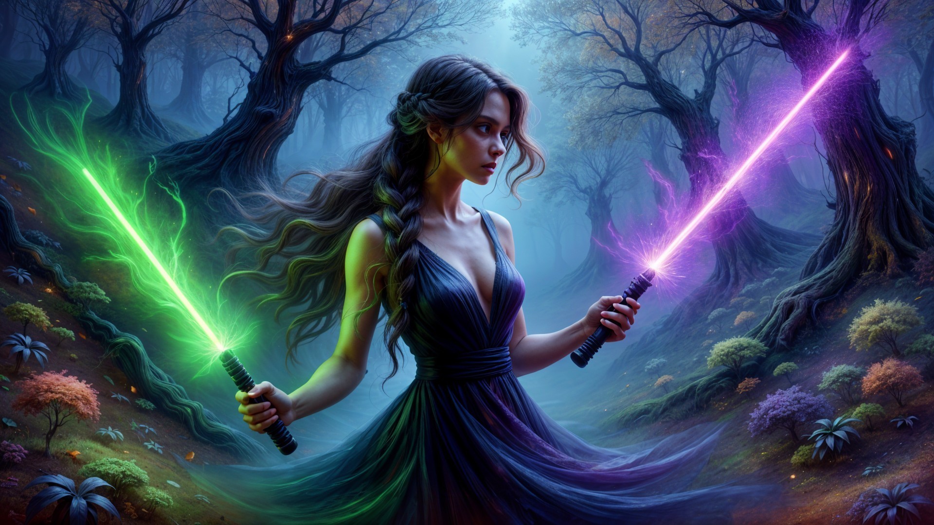 Young woman with lightsabers in mystical forest