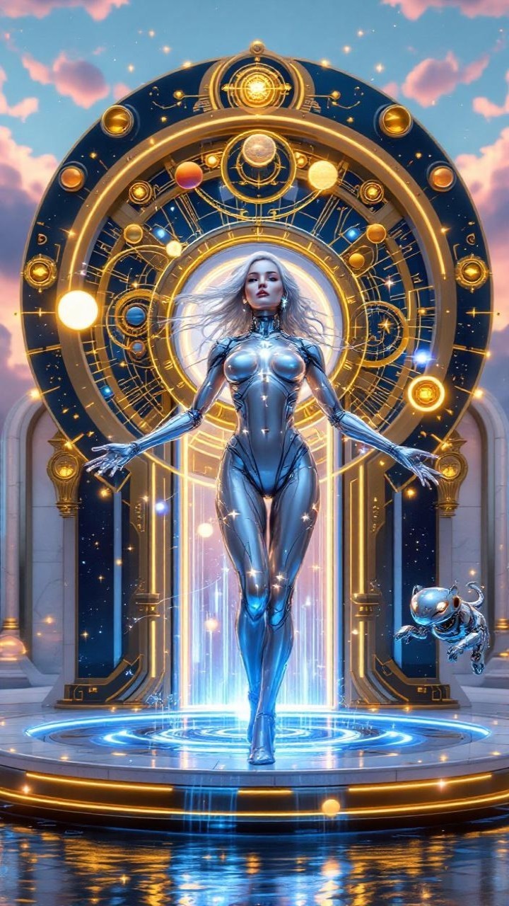 Futuristic Figure on Platform with Cosmic Elements
