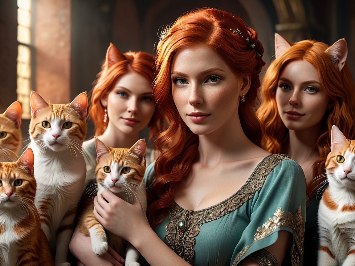 Elegant Room with Multiple Copies and Orange Tabby Cats