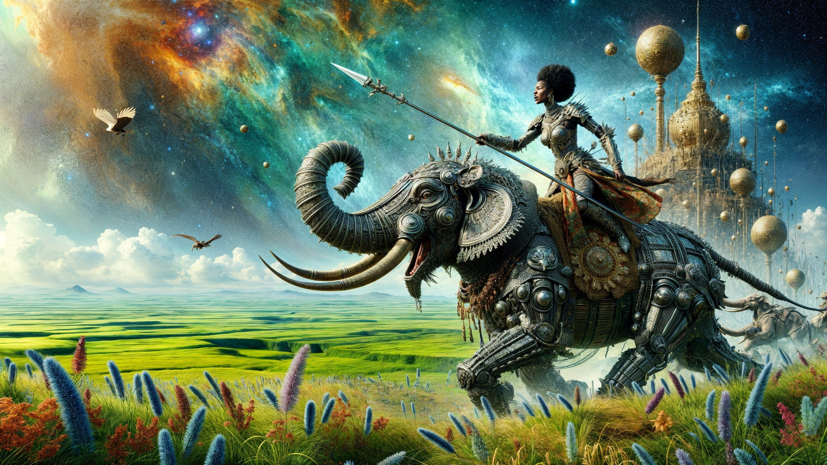 Cosmic Landscape with Armored Elephant and Rider