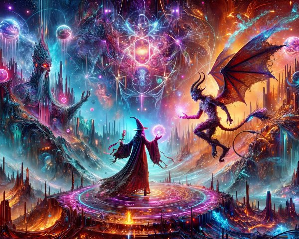 Cosmic Landscape with Wizard and Demon Encounter