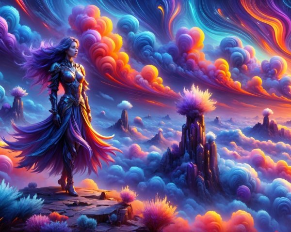 Majestic Figure Overlooking Vibrant Surreal Landscape