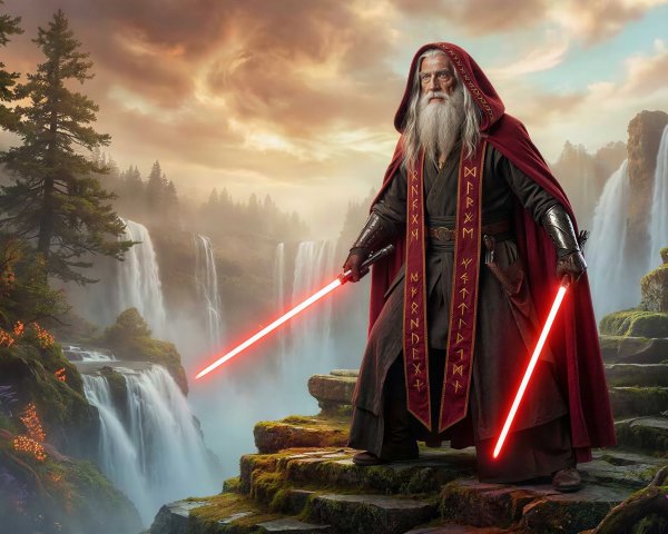 Old wizard with lightsabers on stone staircase in fantasy