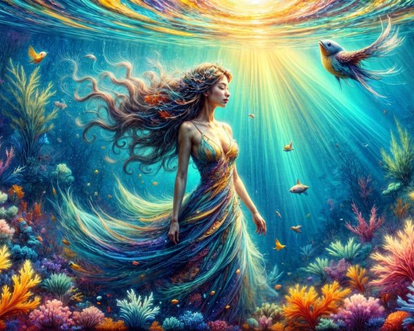 Underwater Scene with Woman in Colorful Gown