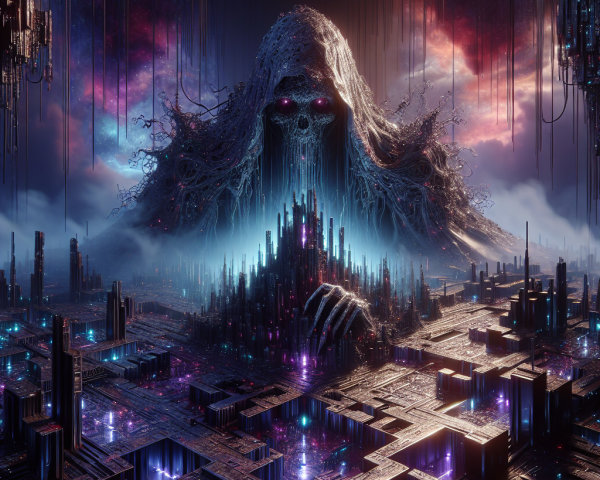 Ethereal Figure Over Neon Cityscape in Cyberpunk Fantasy