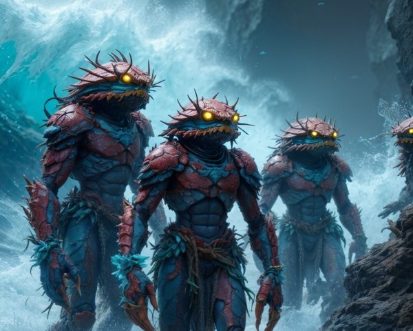 Armored Creatures Emerge from Ocean Waves