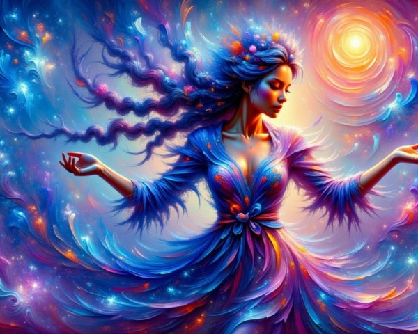 Mystical figure in vibrant colors with celestial energy