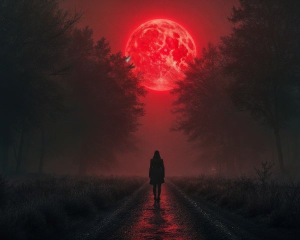 Solitary Figure on Misty Path Under Red Moonlight