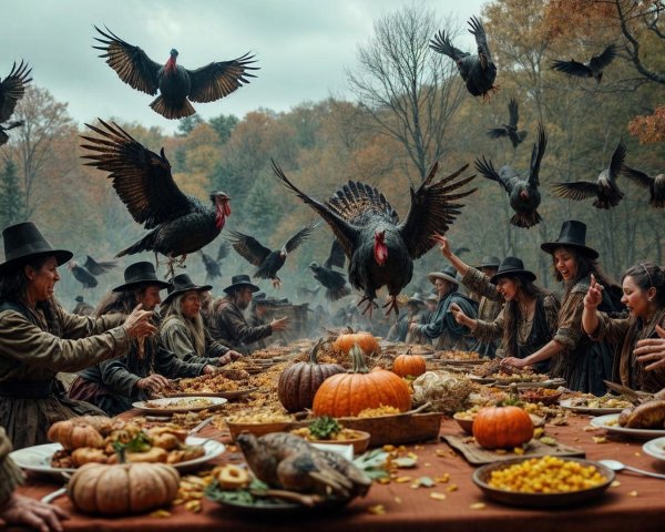 Festive Harvest Gathering with Autumn Foliage and Feast