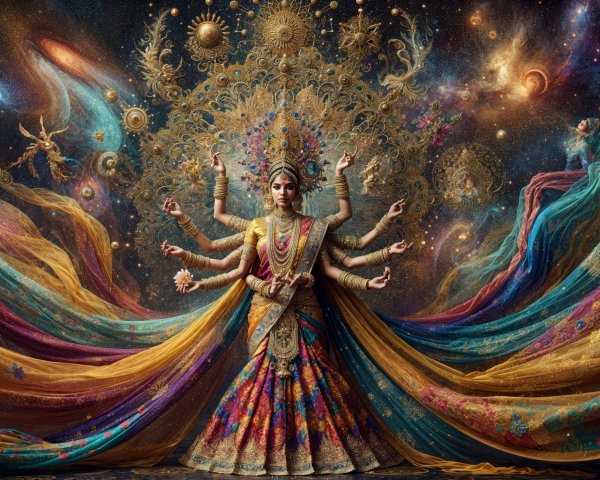 Majestic Figure in Vibrant Garment Against Cosmic Backdrop