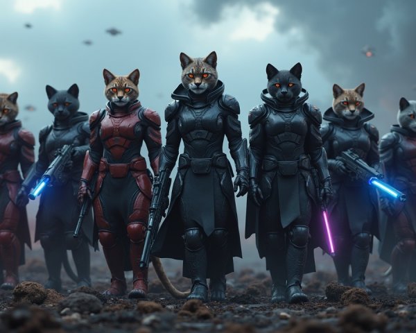 Armored Feline Figures on Rocky Terrain in Sci-Fi Scene