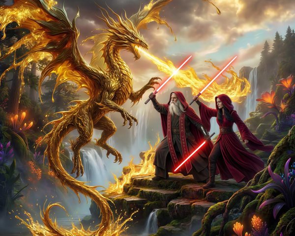 Golden Dragon Battles Wizard and Sorceress in Fantasy Scene