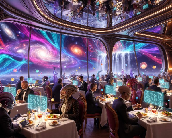 Futuristic Dining Room with Cosmic Space View