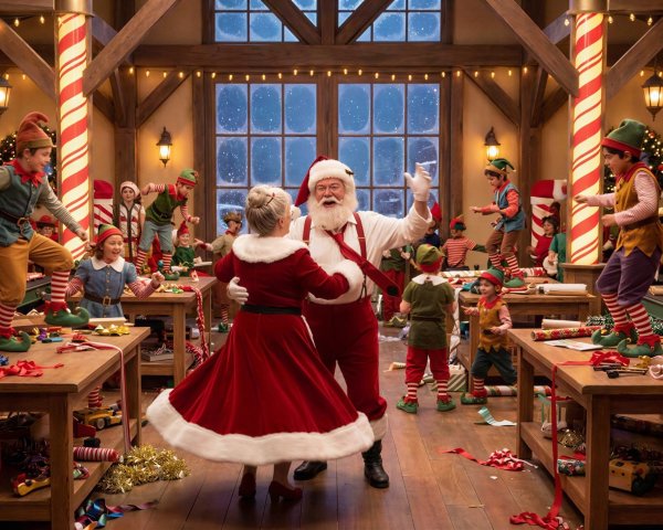 Santa and Mrs. Claus Dancing in a Festive Workshop