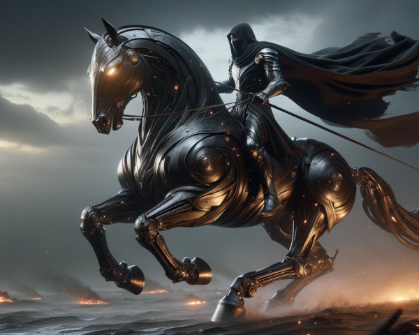 Armored Figure on Futuristic Horse in Dramatic Landscape