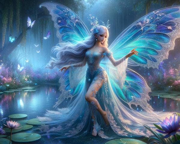 Fairy Dancing by a Tranquil Pond in a Magical Forest