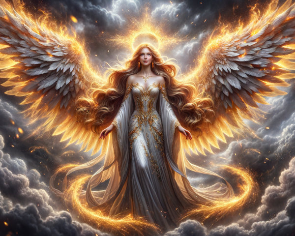 Majestic angel with luminous wings in swirling clouds