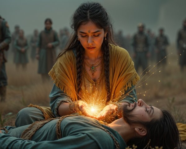 Woman Heals Wounded Man on Mystical Battlefield