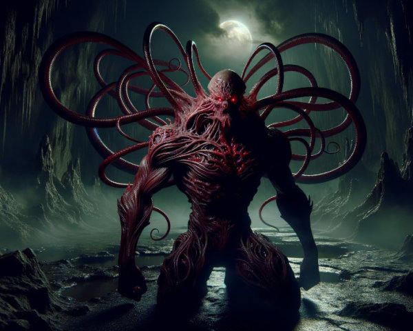 Monstrous Tentacled Creature in Dark Cavern Setting