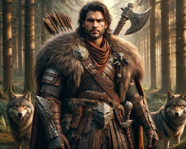 Rugged warrior in leather armor with wolves in forest