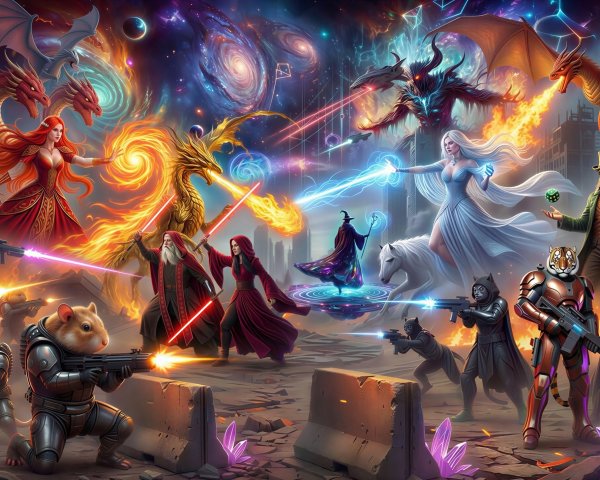 Epic Battle Scene in a Cosmic Sky with Mystical Elements