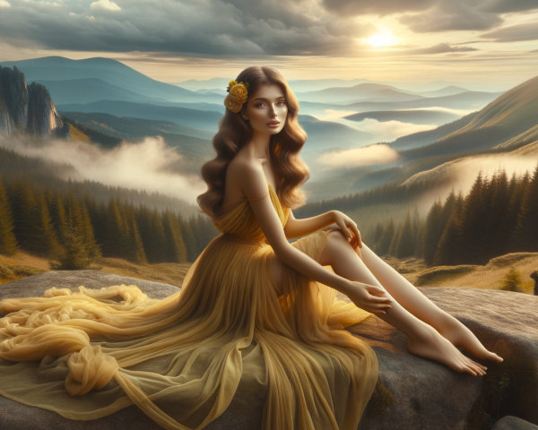 Young Woman in Yellow Gown Amid Scenic Sunset Landscape