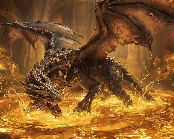 Dragon Emerging from Molten Gold Pool in Wide Shot
