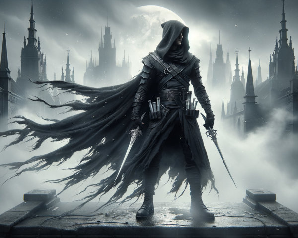 Cloaked Figure on Pedestal in Gothic Fantasy Setting