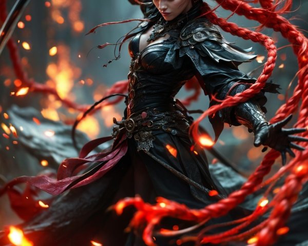 Fierce warrior in mystical forest with fiery hair