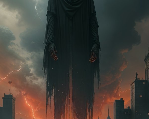 Dystopian Cityscape with Ominous Cloaked Figure