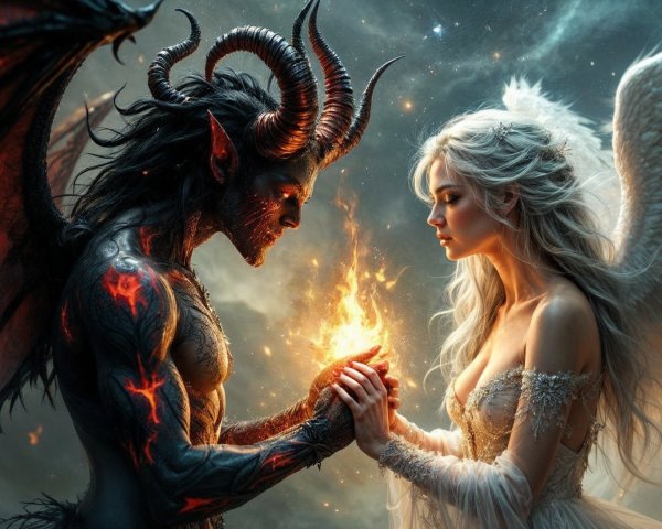 Demon and Angel in Celestial Balance with Flame