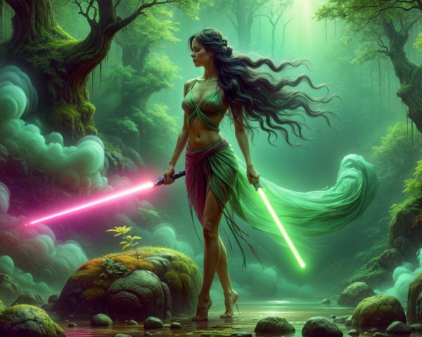 Warrior with Dual Lightsabers in Mystical Forest