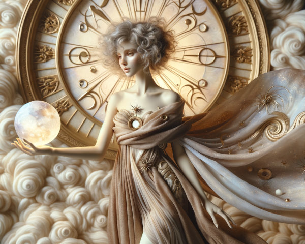 Celestial Figure with Moon and Ornate Clock Design