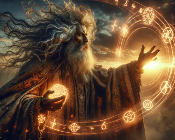 Ancient Sage Conjuring Magic at Sunset