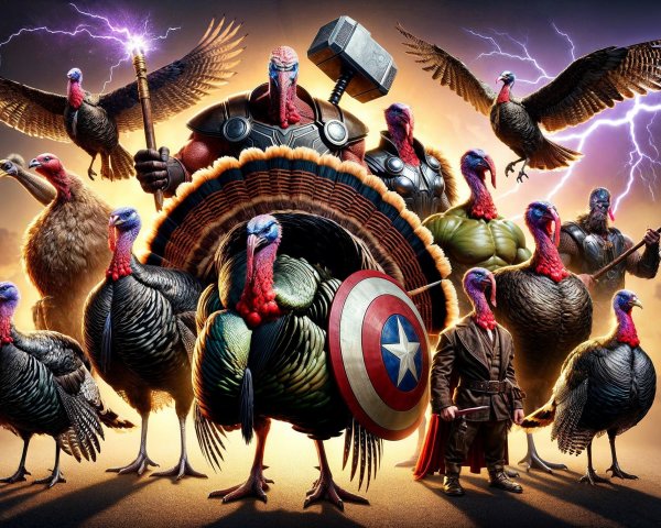 Anthropomorphic Turkeys in Heroic Stance with Hammer