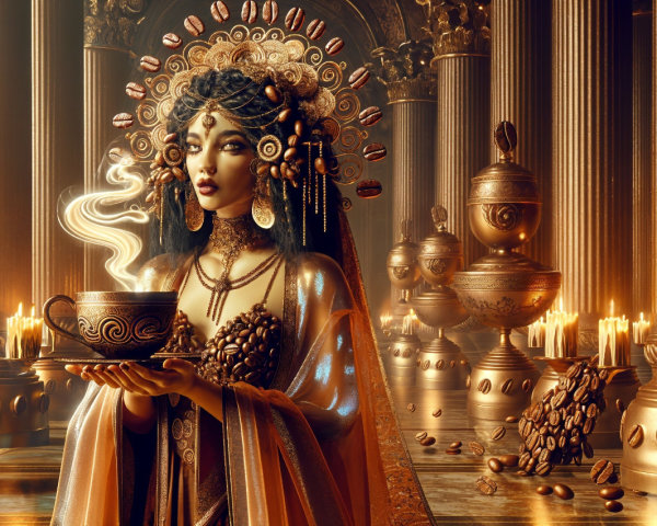 Regal Figure with Ornate Cup in Ancient Temple Setting