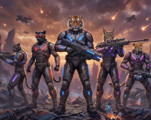 Feline Soldiers in Urban Warzone with Futuristic Gear