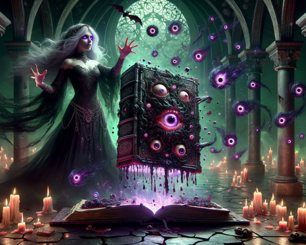 Mysterious Figure in Black Gown with Dark Energy Orbs