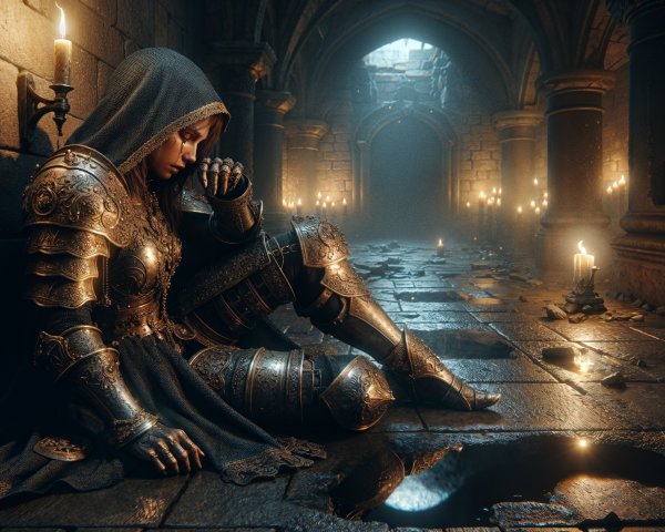 Armored Figure in Dimly Lit Stone Corridor with Candles