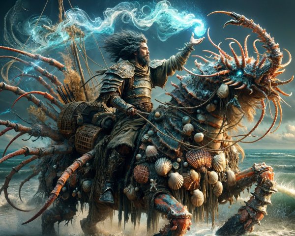 Warrior on Sea Creature in Turbulent Ocean Scene