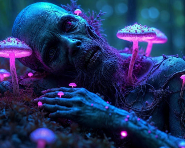 Decayed Figure Surrounded by Glowing Mushrooms