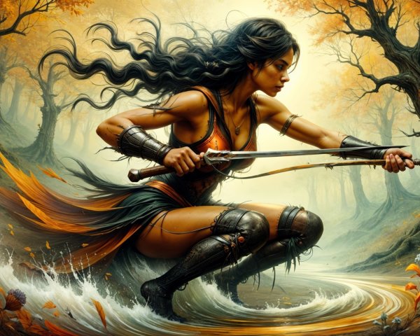 Warrior with Bow by Autumn Stream in Enchanted Forest
