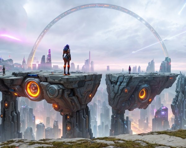 Futuristic Landscape with Floating Islands and Neon City