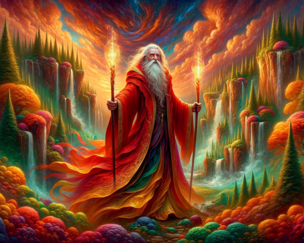 Majestic figure in red robe amid vibrant landscape