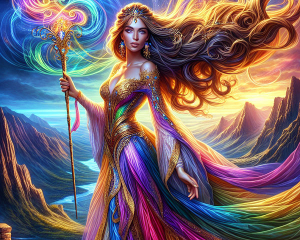 Mystical queen in vibrant gown on rocky ledge at sunset
