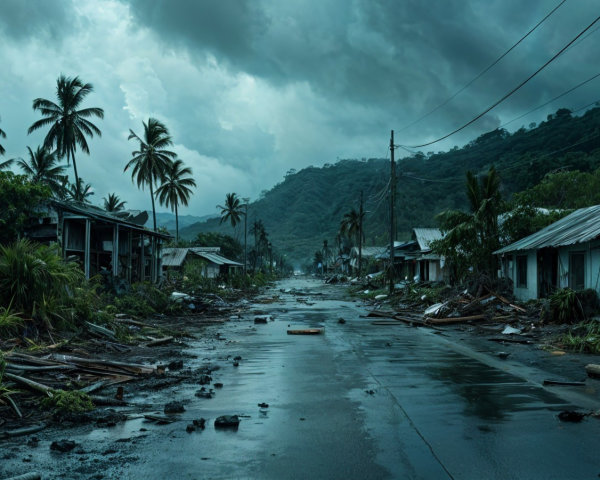 Desolate Village Landscape After Storm Damage