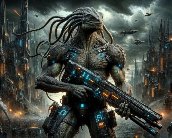 Alien Being in Dystopian City with Futuristic Gun