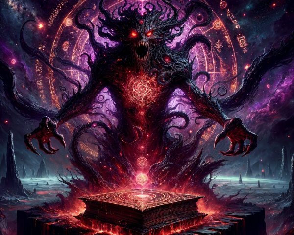 Menacing Figure in Cosmic Landscape with Ominous Book