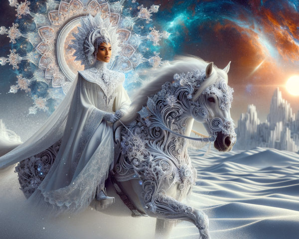 Majestic Rider on White Horse in Snowy Landscape
